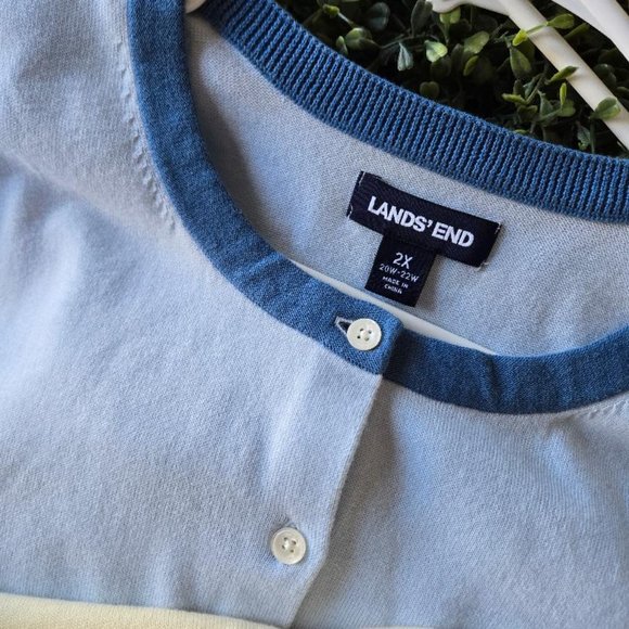 Land's End Fine Gauge Cotton Cardigan Light Blue W/Peach Details 2X - Picture 6 of 6
